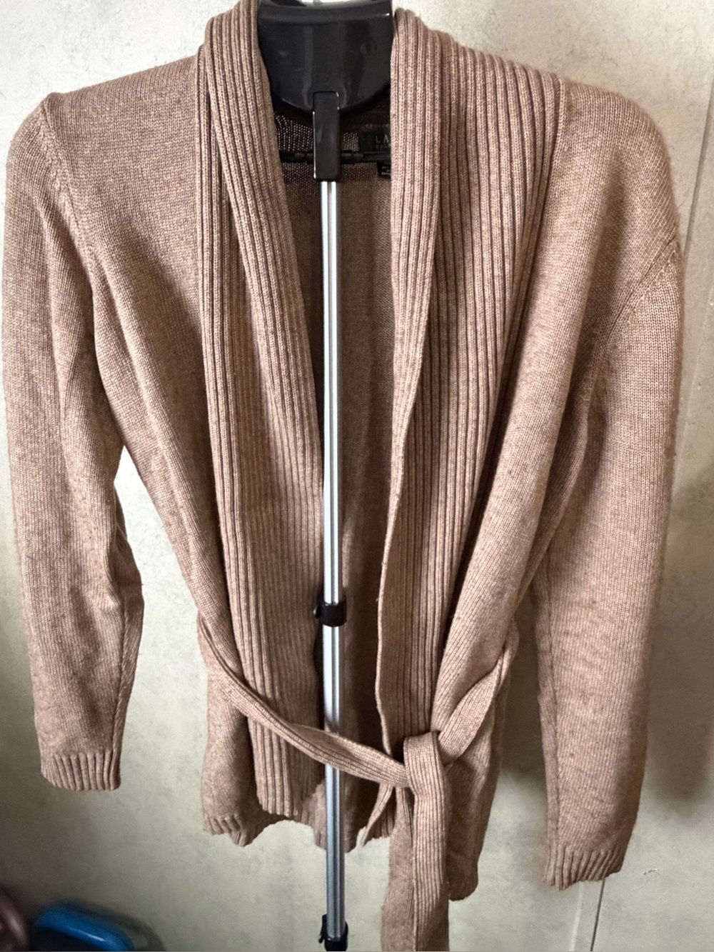 Lauren Ralph Lauren Silk Cashmere Shawl Collar Wrap Cardigan Belted Tan XL